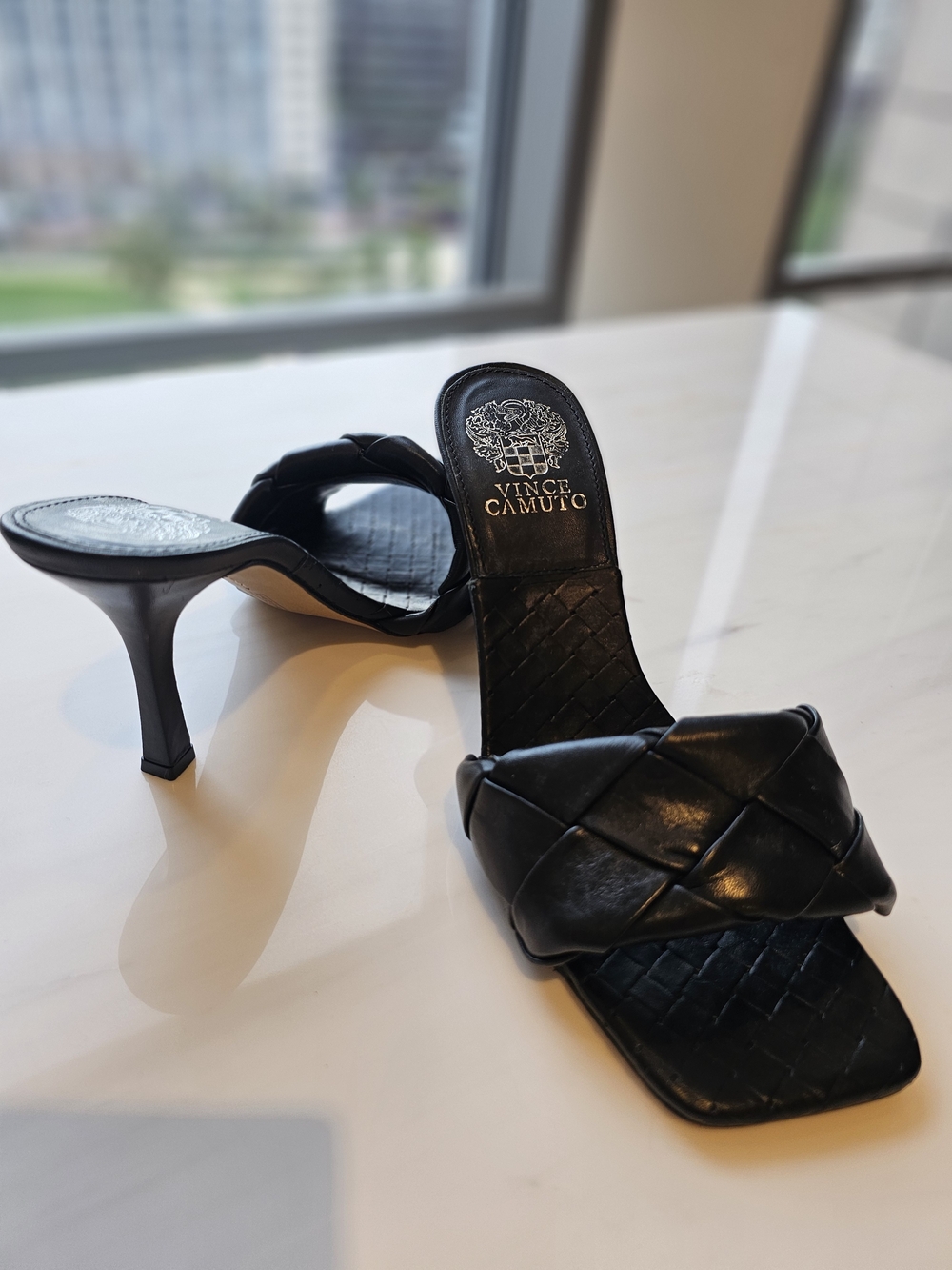 Vince Camuto Black Braided Leather Square-Toe Mule Heels